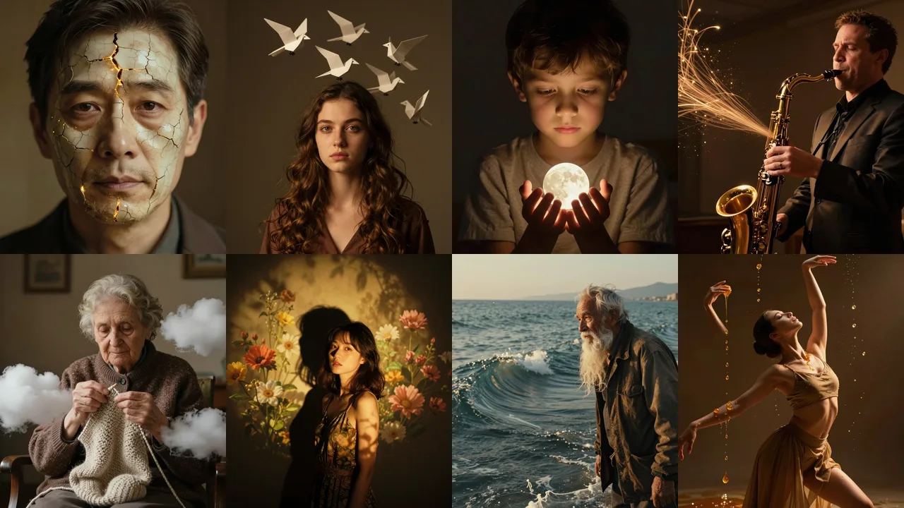 Eight cinematic portraits in warm light, each with a surreal twist, generated with Z-Image-Turbo on 0G